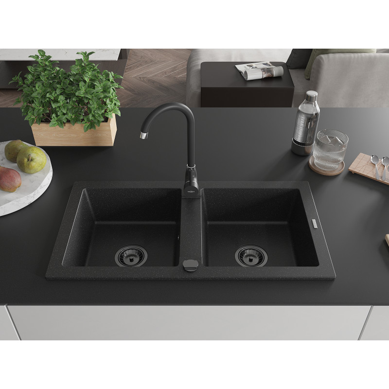 Mexen Mario žulový drez s dvojakomorový 820 x 436 mm, čierny/strieborný metalik, čierny sifón - 6504822000-73-B