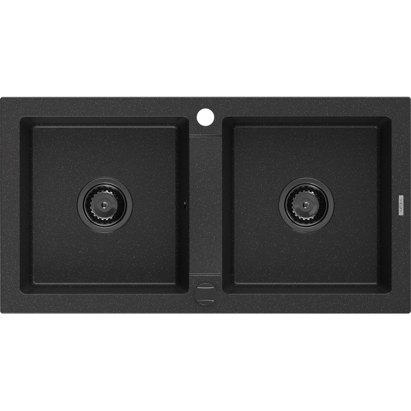 Mexen Mario granitový drez s 2 komorami 820 x 436 mm, čierny/strieborný metalický, čierny sifón - 6504822000-73-B