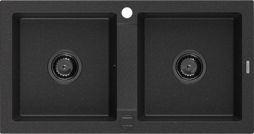 Mexen Mario žulový drez 2-komorový 820 x 436 mm, čierny/strieborný metalik, čierny sifón - 6504822000-73-B