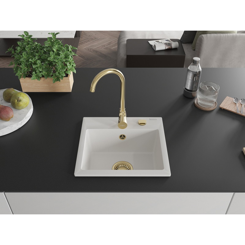 Mexen Milo granitový drez 1-komorový 435 x 410 mm, biely, zlatý sifón - 6505441000-20-G