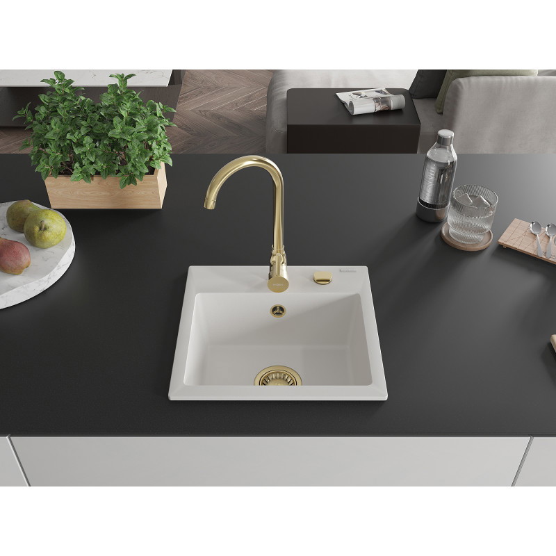 Mexen Milo granitový kuchynský drez s 1 komorou 435 x 410 mm, biely, sifón zlatý - 6505441000-20-G