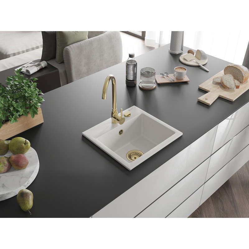 Mexen Milo granitový kuchynský drez s 1 komorou 435 x 410 mm, biely, sifón zlatý - 6505441000-20-G