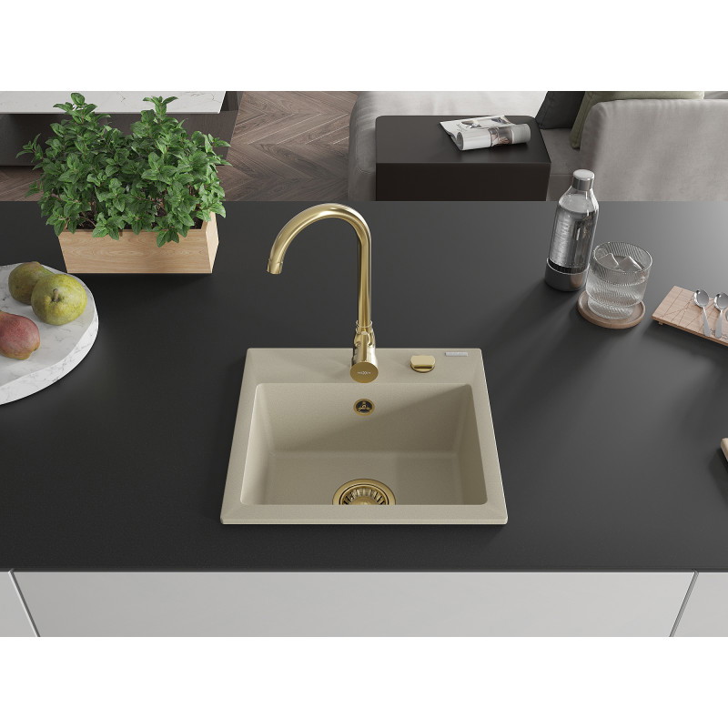 Mexen Milo Granitový kuchynský drez s 1 komorou 435 x 410 mm, béžový, zlatý sifón - 6505441000-69-G