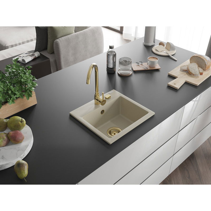 Mexen Milo žulový kuchynský drez 1-komorový 435 x 410 mm, béžový, zlatý sifón - 6505441000-69-G