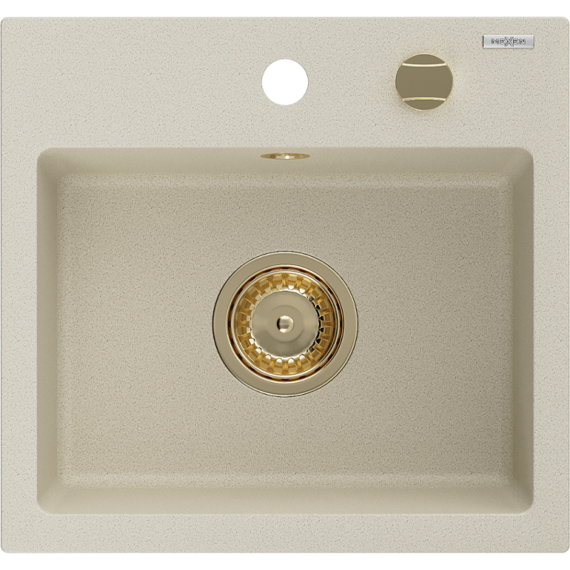 Mexen Milo Granitový kuchynský drez s 1 komorou 435 x 410 mm, béžový, zlatý sifón - 6505441000-69-G