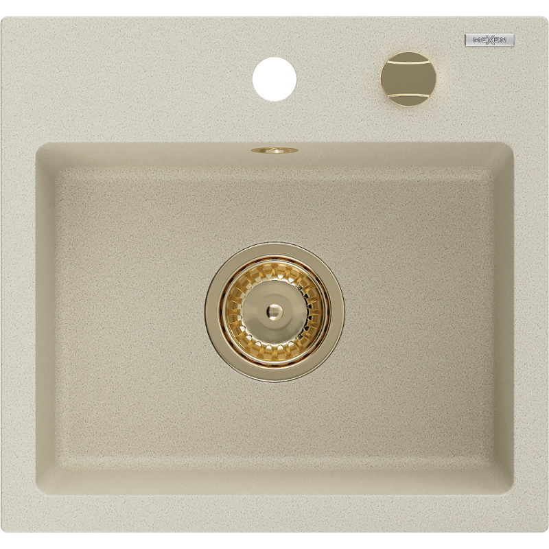 Mexen Milo žulový kuchynský drez 1-komorový 435 x 410 mm, béžový, zlatý sifón - 6505441000-69-G