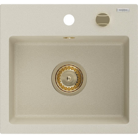 Mexen Milo žulový kuchynský drez 1-komorový 435 x 410 mm, béžový, zlatý sifón - 6505441000-69-G