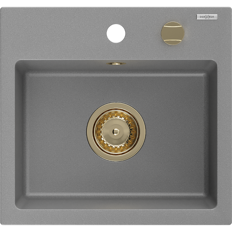 Mexen Milo granitový kuchynský drez 1-komorový 435 x 410 mm, sivý, sifón zlatý - 6505441000-71-G