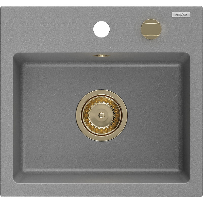Mexen Milo žulový drez s jednou komorou 435 x 410 mm, sivý, zlatý sifón - 6505441000-71-G