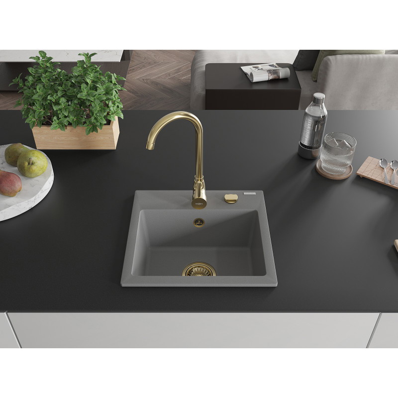 Mexen Milo granitový kuchynský drez 1-komorový 435 x 410 mm, sivý, sifón zlatý - 6505441000-71-G