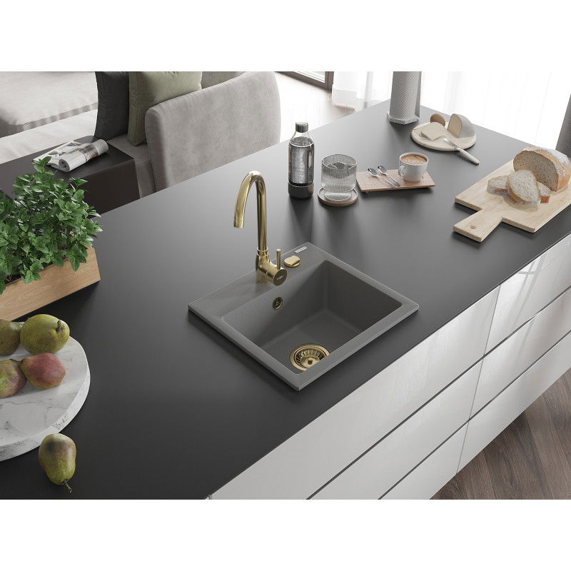 Mexen Milo žulový kuchynský drez s jednou komorou 435 x 410 mm, sivý, sifón zlatý - 6505441000-71-G