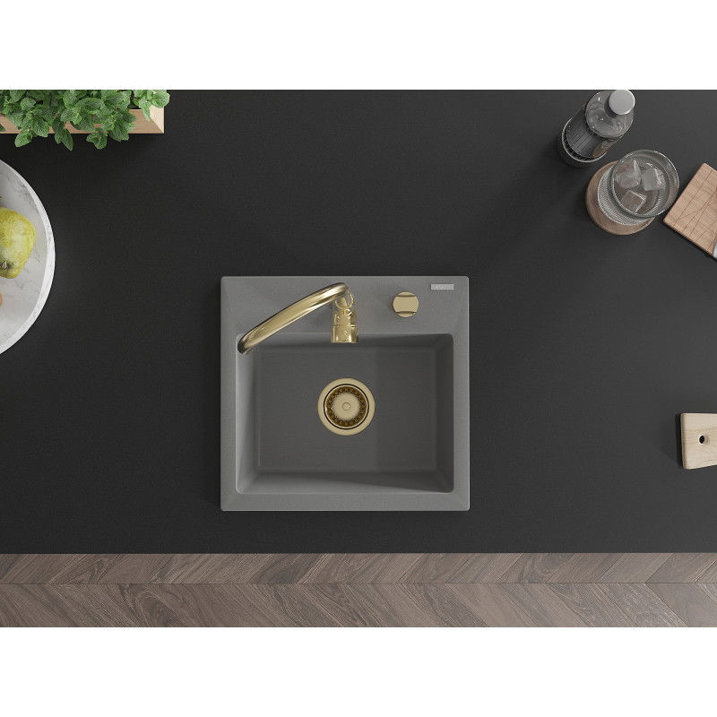 Mexen Milo žulový kuchynský drez s jednou komorou 435 x 410 mm, sivý, sifón zlatý - 6505441000-71-G