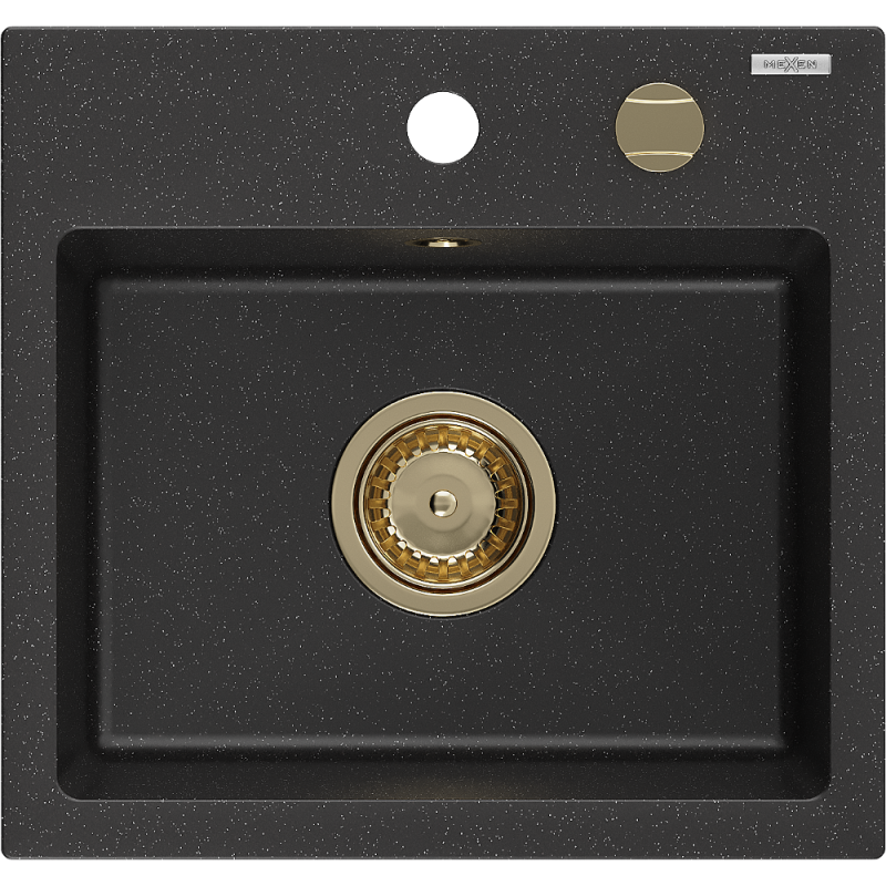 Mexen Milo granitový drez s 1-komorou 435 x 410 mm, čierny/strieborný metalický, sifón zlatý - 6505441000-73-G