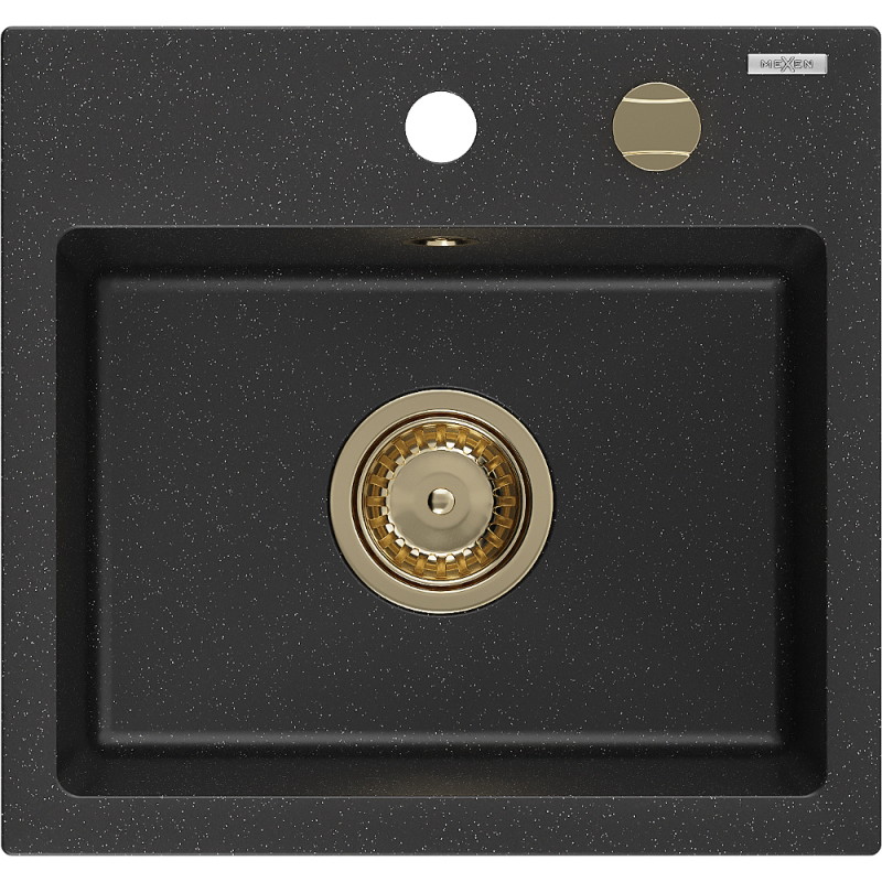 Mexen Milo granitový kuchynský drez s 1 komorou 435 x 410 mm, čierno/strieborný metalík, zlatý sifón - 6505441000-73-G