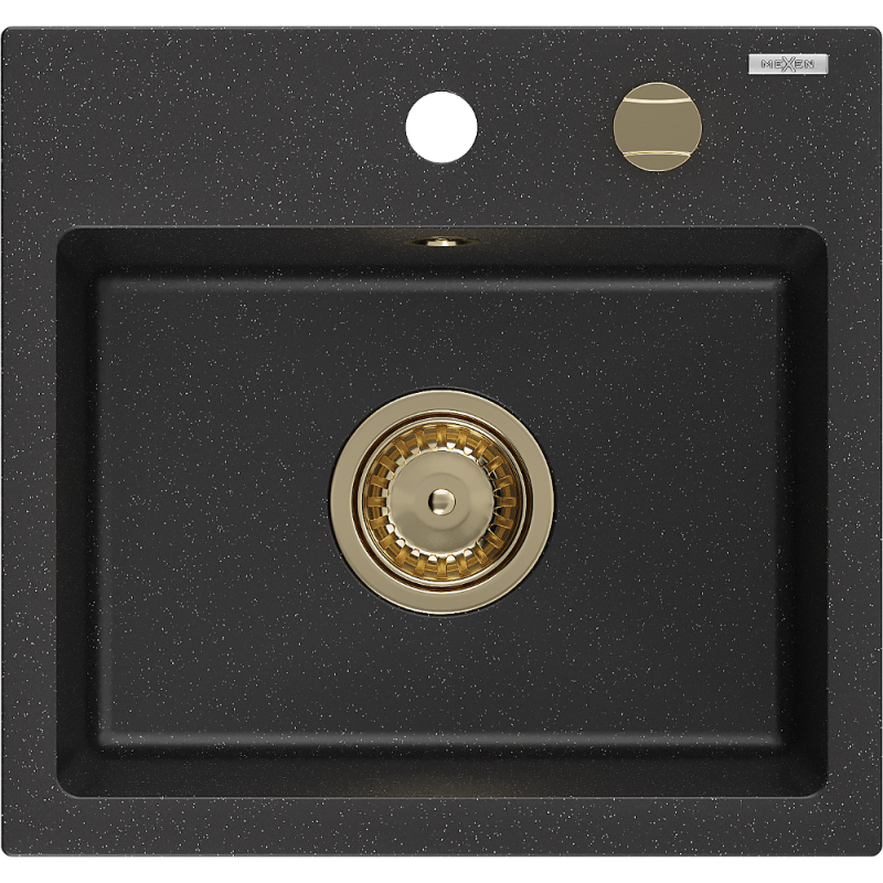 Mexen Milo žulový kuchynský drez s 1 komorou 435 x 410 mm, čierna/strieborný metalik, sifón zlatý - 6505441000-73-G