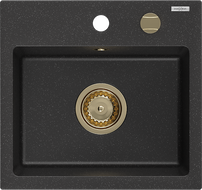 Mexen Milo granitový drez s 1-komorou 435 x 410 mm, čierny/strieborný metalický, sifón zlatý - 6505441000-73-G