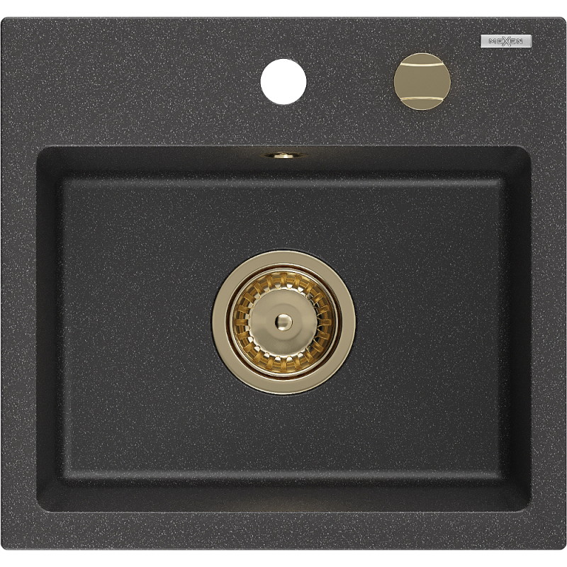 Mexen Milo granitový kuchynský drez 1-komorový 435 x 410 mm, čierny škvrnitý, sifón zlatý - 6505441000-76-G