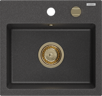 Mexen Milo žulový kuchynský drez 1-komorový 435 x 410 mm, čierny s fľakmi, sifón zlatý - 6505441000-76-G