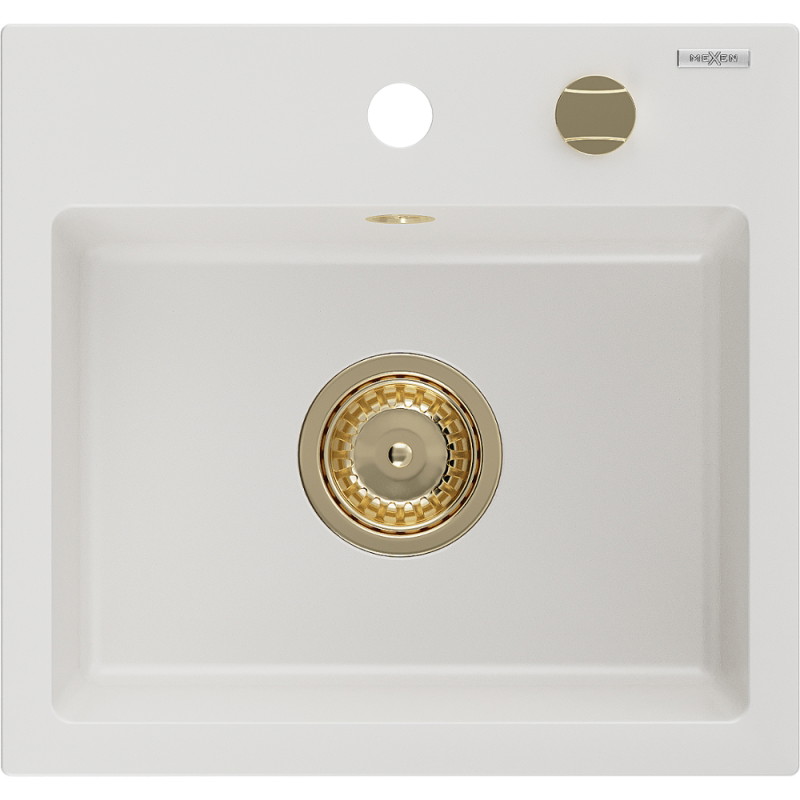 Mexen Milo granitový drez 1-komorový 435 x 410 mm, biely, zlatý sifón - 6505441000-20-G