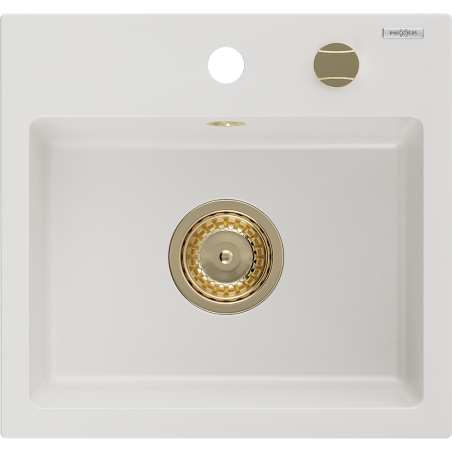 Mexen Milo granitový drez 1-komorový 435 x 410 mm, biely, sifón zlatý - 6505441000-20-G