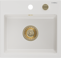 Mexen Milo granitový kuchynský drez s 1 komorou 435 x 410 mm, biely, sifón zlatý - 6505441000-20-G
