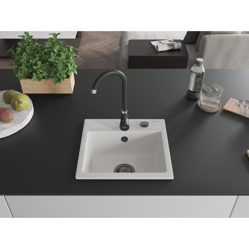 Mexen Milo granitový drez 1-komorový 435 x 410 mm, biely, čierny sifón - 6505441000-20-B