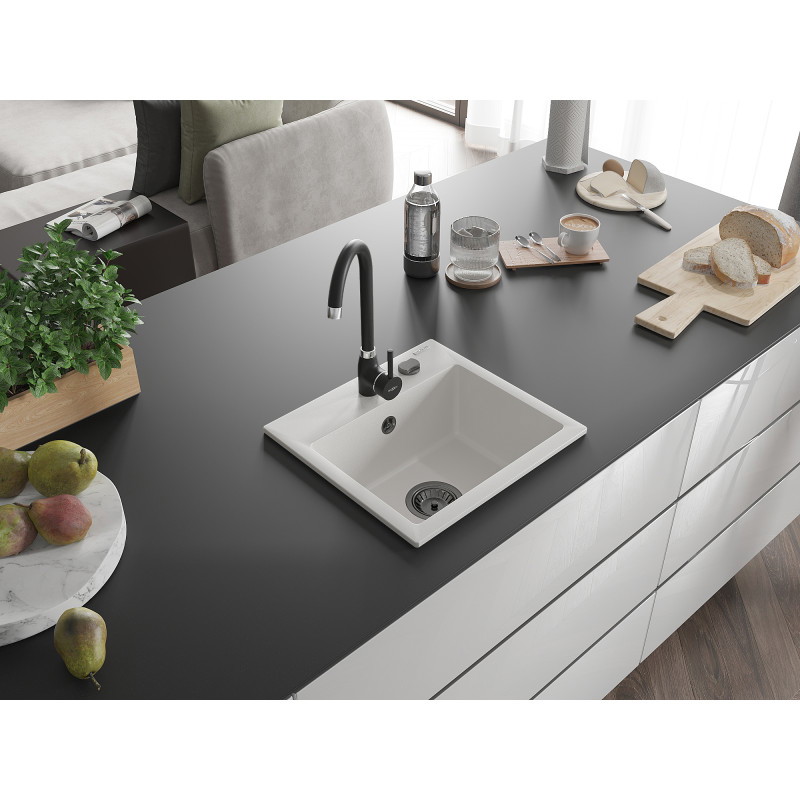 Mexen Milo granitový drez 1-komorový 435 x 410 mm, biely, čierny sifón - 6505441000-20-B