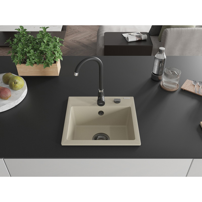Mexen Milo granitový drez 1-komorový 435 x 410 mm, béžový, čierny sifón - 6505441000-69-B