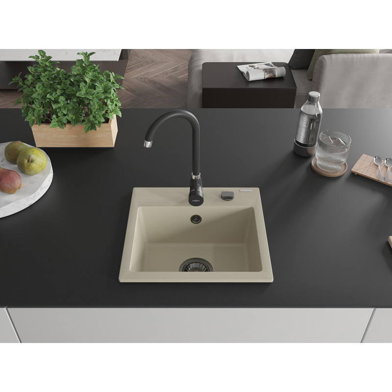 Mexen Milo granitový jednodrez 435 x 410 mm, béžový, čierny sifón - 6505441000-69-B