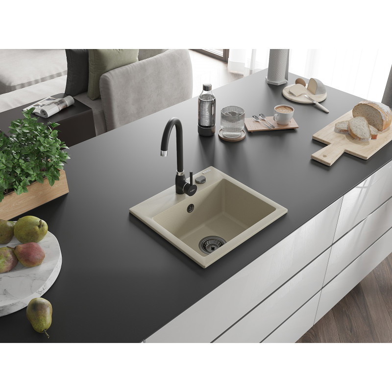 Mexen Milo granitový jednodrez 435 x 410 mm, béžový, čierny sifón - 6505441000-69-B
