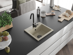 Mexen Milo jednodrezový žulový drez 435 x 410 mm, béžový, čierny sifón - 6505441000-69-B