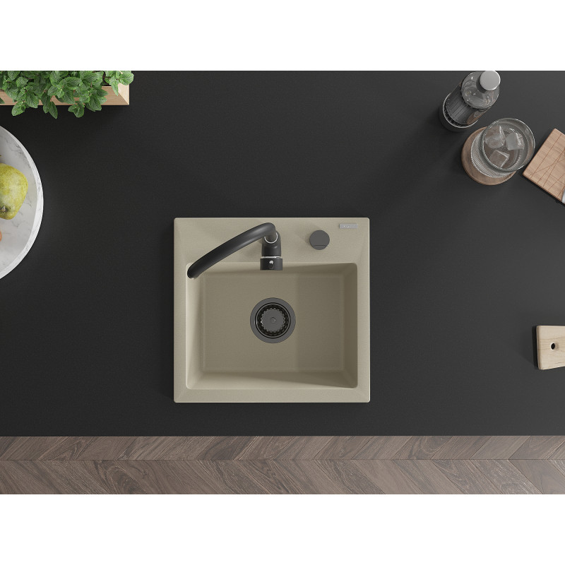 Mexen Milo granitový jednodrez 435 x 410 mm, béžový, čierny sifón - 6505441000-69-B