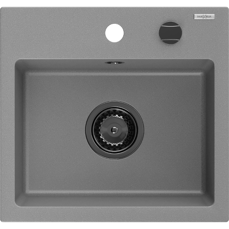 Mexen Milo granitový drezu 1-komorový 435 x 410 mm, sivý, čierny sifón - 6505441000-71-B