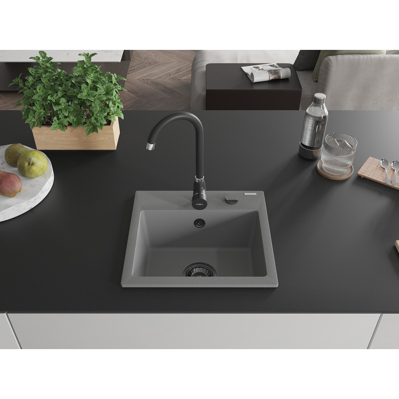 Mexen Milo granitový drez 1-komorový 435 x 410 mm, sivý, čierny sifón - 6505441000-71-B