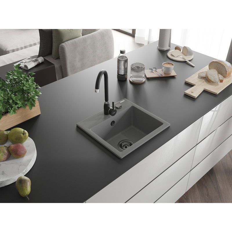Mexen Milo granitový drezu 1-komorový 435 x 410 mm, sivý, čierny sifón - 6505441000-71-B