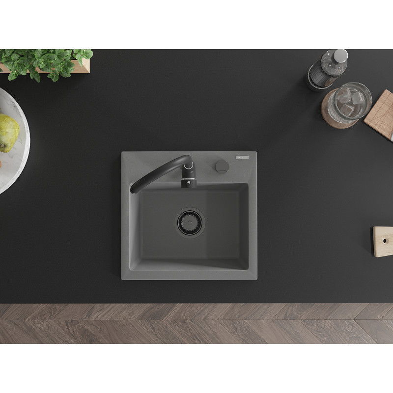 Mexen Milo granitový drezu 1-komorový 435 x 410 mm, sivý, čierny sifón - 6505441000-71-B