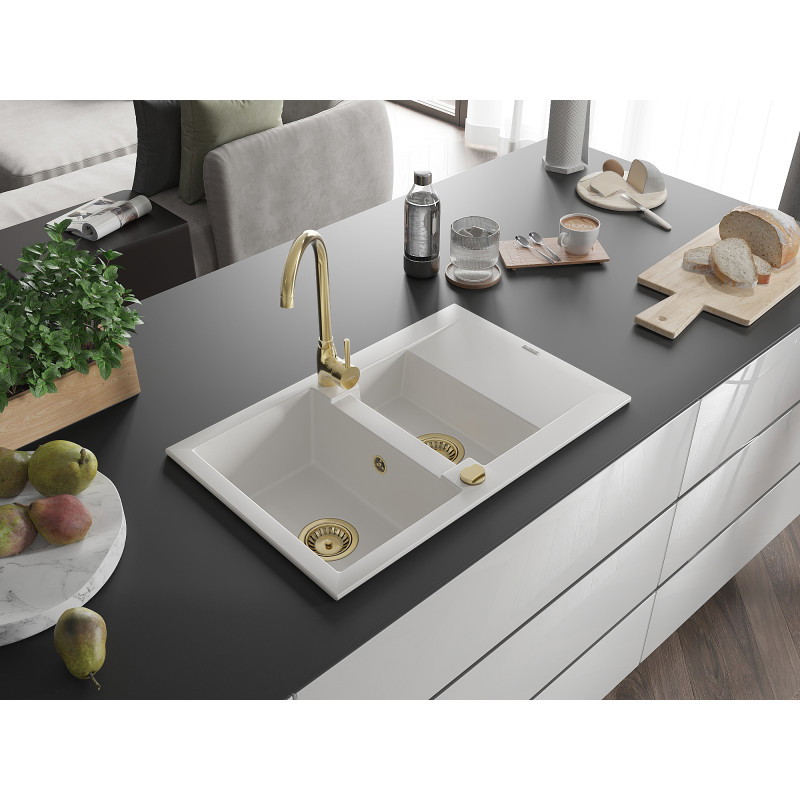 Mexen Gaspar granitový drez 1,5-komorový s odkvapkávačom 737 x 475 mm, biely, zlatý sifón - 6507731505-20-G