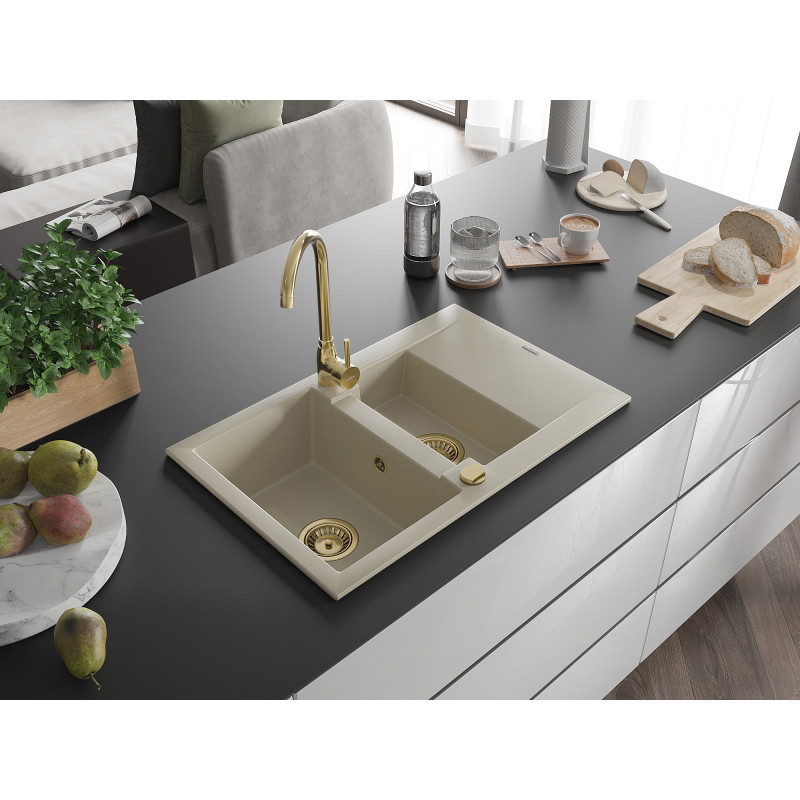 Mexen Gaspar granitový drez 1,5-komorový s odkvapkávačom 737 x 475 mm, béžový, zlatý sifón - 6507731505-69-G