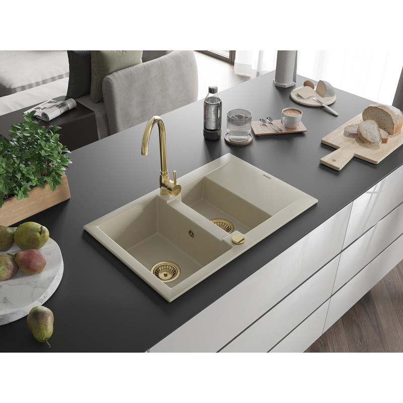 Mexen Gaspar granitový drez 1,5-komorový s odkvapkávacou plochou 737 x 475 mm, béžový, sifón zlatý - 6507731505-69-G