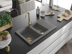 Mexen Gaspar granitový 1,5-komorový drez s odkvapkávačom 737 x 475 mm, Šedá, Sifón Zlatá - 6507731505-71-G