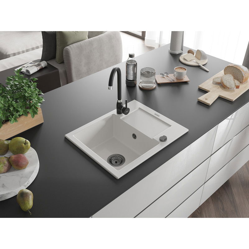 Mexen Enzo jednokomorový žulový drez s odkvapkávačom 576 x 465 mm, biely, čierny sifón - 6506571005-20-B