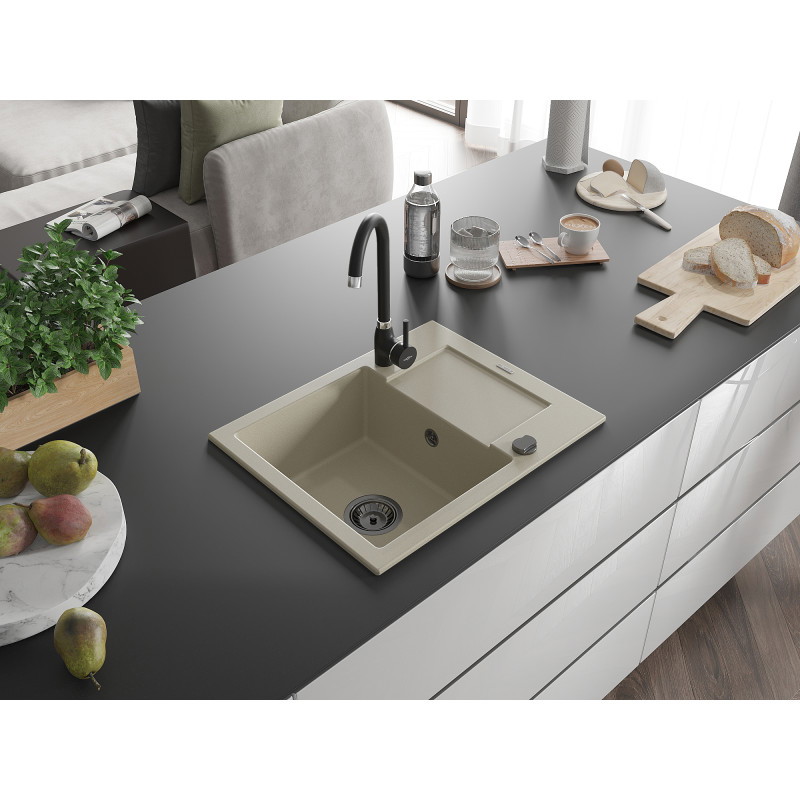 Mexen Enzo granitový drez 1-komorový s odkvapkávačom 576 x 465 mm, béžový, čierny sifón - 6506571005-69-B