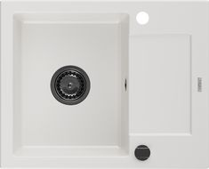 Mexen Enzo jednokomorový žulový drez s odkvapkávačom 576 x 465 mm, biely, čierny sifón - 6506571005-20-B