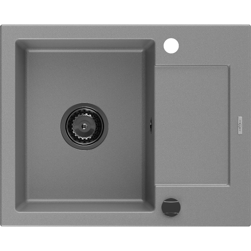 Mexen Enzo granitový drez s 1 komorou a odkvapkávačom 576 x 465 mm, sivý, sifón čierny - 6506571005-71-B