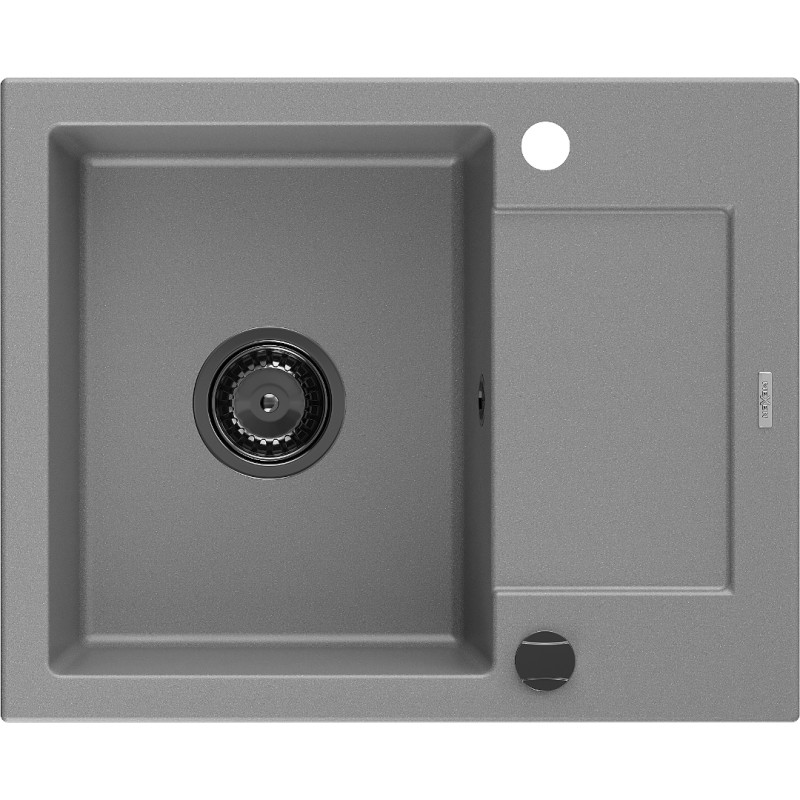 Mexen Enzo jednodrezový žulový drez s odkvapkávacou plochou 576 x 465 mm, šedý, čierny sifón - 6506571005-71-B