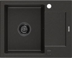 Mexen Enzo žulový drez s 1 komorou a odkladacou plochou 576 x 465 mm, čierny/zlatý metalický, čierny sifón - 6506571005-75-B