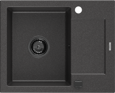 Mexen Enzo granitový drez s 1 komorou a odkvapkávačom 576 x 465 mm, čierny s fľakmi, čierny sifón - 6506571005-76-B