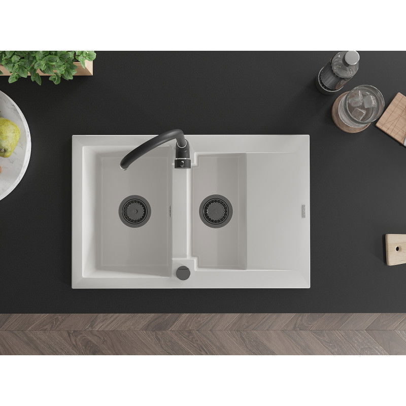 Mexen Gaspar žulový drez 1,5-komorový s odkvapkávačom 737 x 475 mm, biely, čierny sifón - 6507731505-20-B