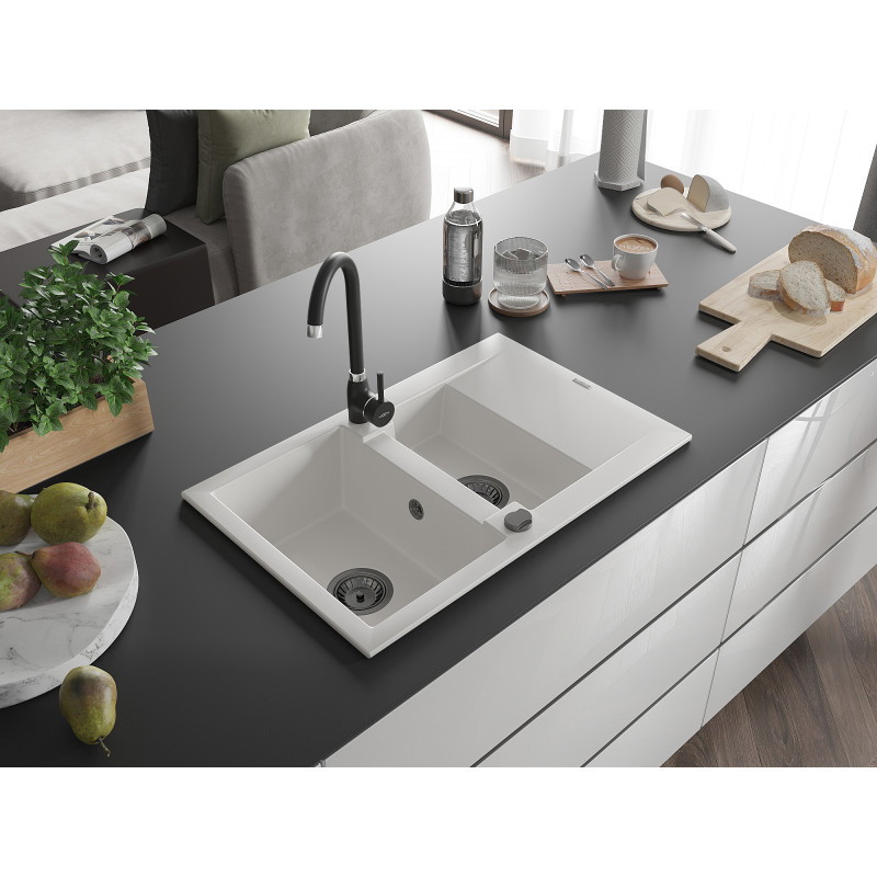 Mexen Gaspar granitový drez 1,5-komorový s odkvapkávačom 737 x 475 mm, biely, sifón čierny - 6507731505-20-B