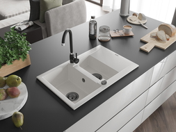 Mexen Gaspar žulový drez 1,5-komorový s odkvapkávačom 737 x 475 mm, biely, čierny sifón - 6507731505-20-B